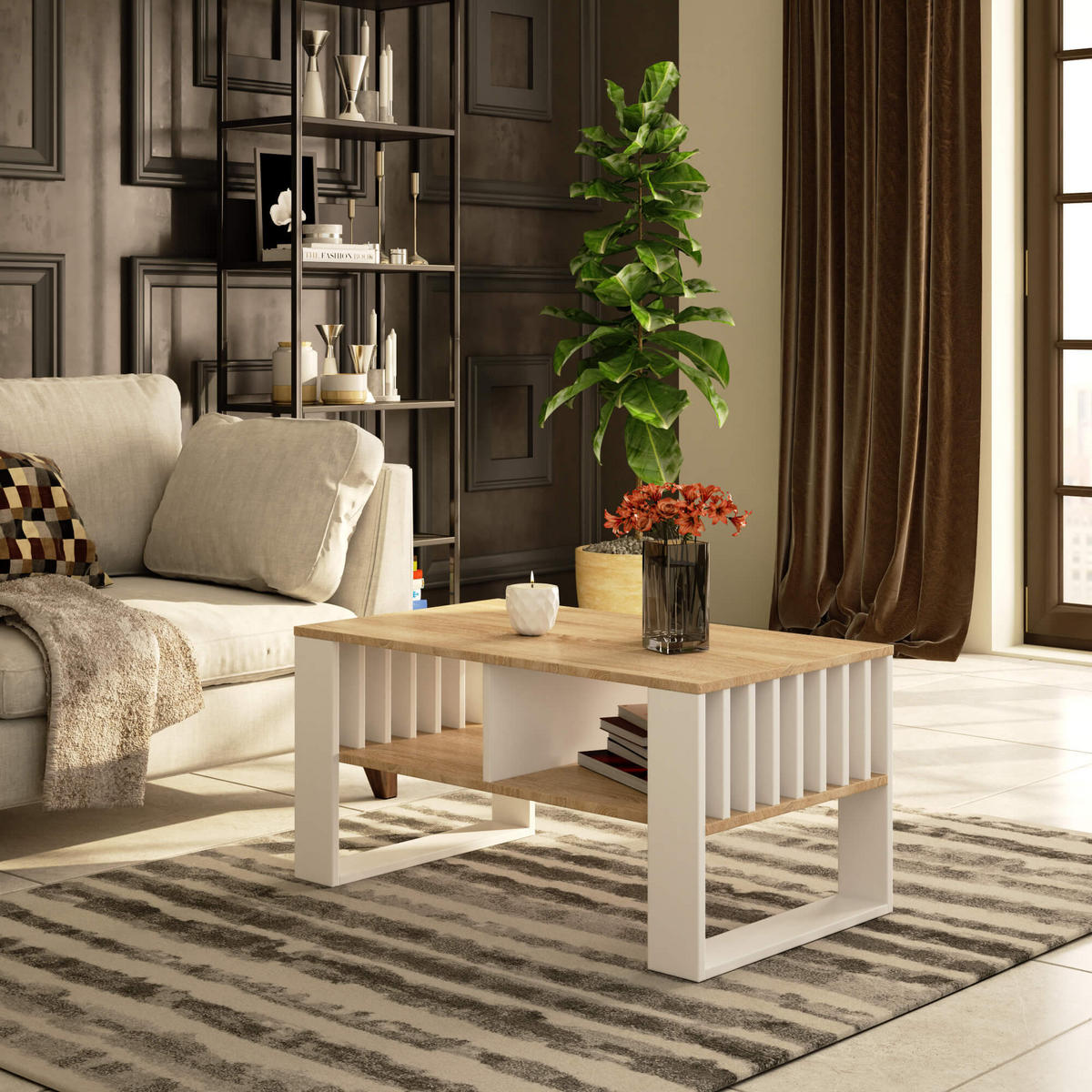 COUCHTISCH ROCKFORD Sonoma Eiche, Weiß 92x53x45 cm - Weiß/Sonoma Eiche, Holzwerkstoff (53/92/45cm) - Akord