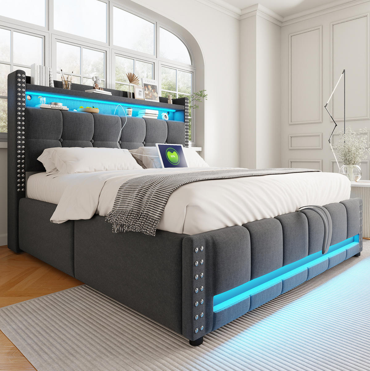 ČALÚNENÁ posteľ 160/200 cm s LED osvetlením, USB portom a hydraulickým úložným priestorom, Sivá - sivá, textil (160/200cm) - Redom