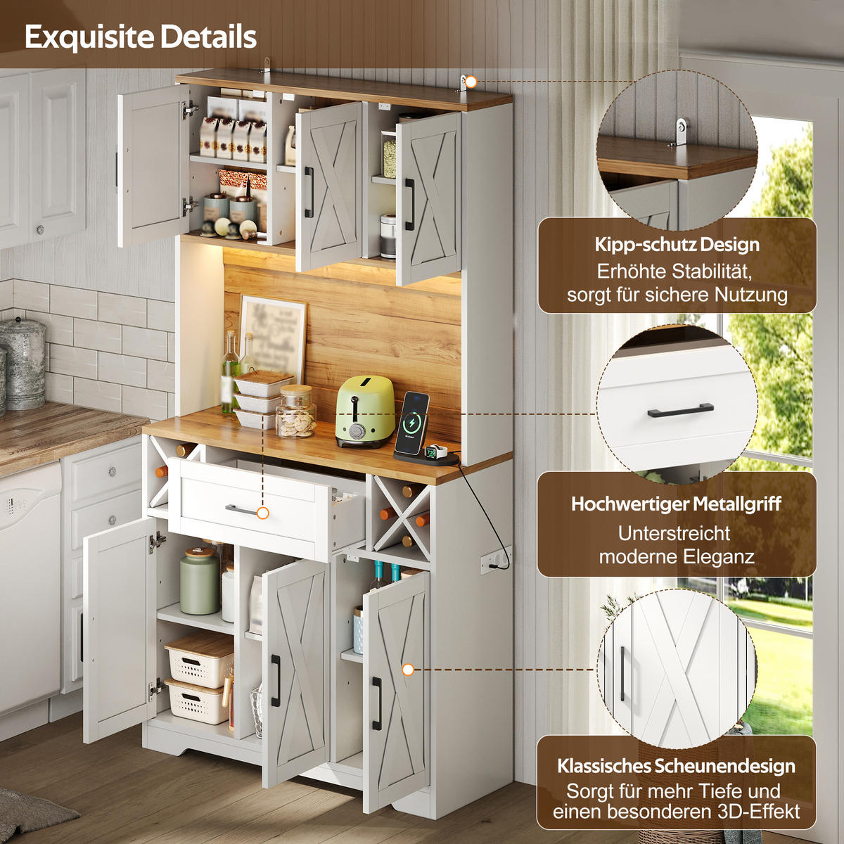 BUFFET DE-38736 105/40/180 cm LED-Beleuchtung und Weinregal Weiß - Weiß, Holzwerkstoff (105/180/40cm) - ComfortXL