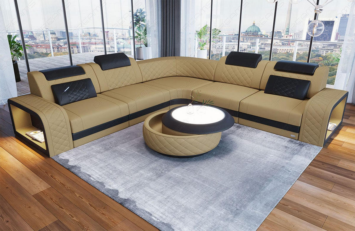 ECKSOFA Sofa Foggia Beige Schwarz Mikrofaserstoff - Beige, Kunststoff (294/294cm)