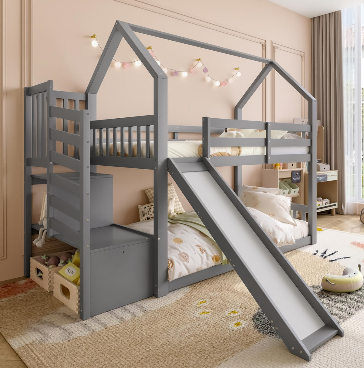 ETAGENBETT 90/200 cm mit Stauraumtreppe, Rutsche und Geländer aus Kiefernholz und MDF, Grau - Grau, Holz (90/200cm) - Redom