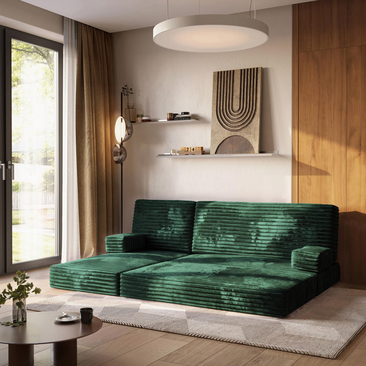 ROHOVÁ SEDAČKA NOTIA modulární Boneless pohovka s funkcí spaní, tmavě zelená TILIA 39 - zelená barva, textil (200/120cm) - MASSENO