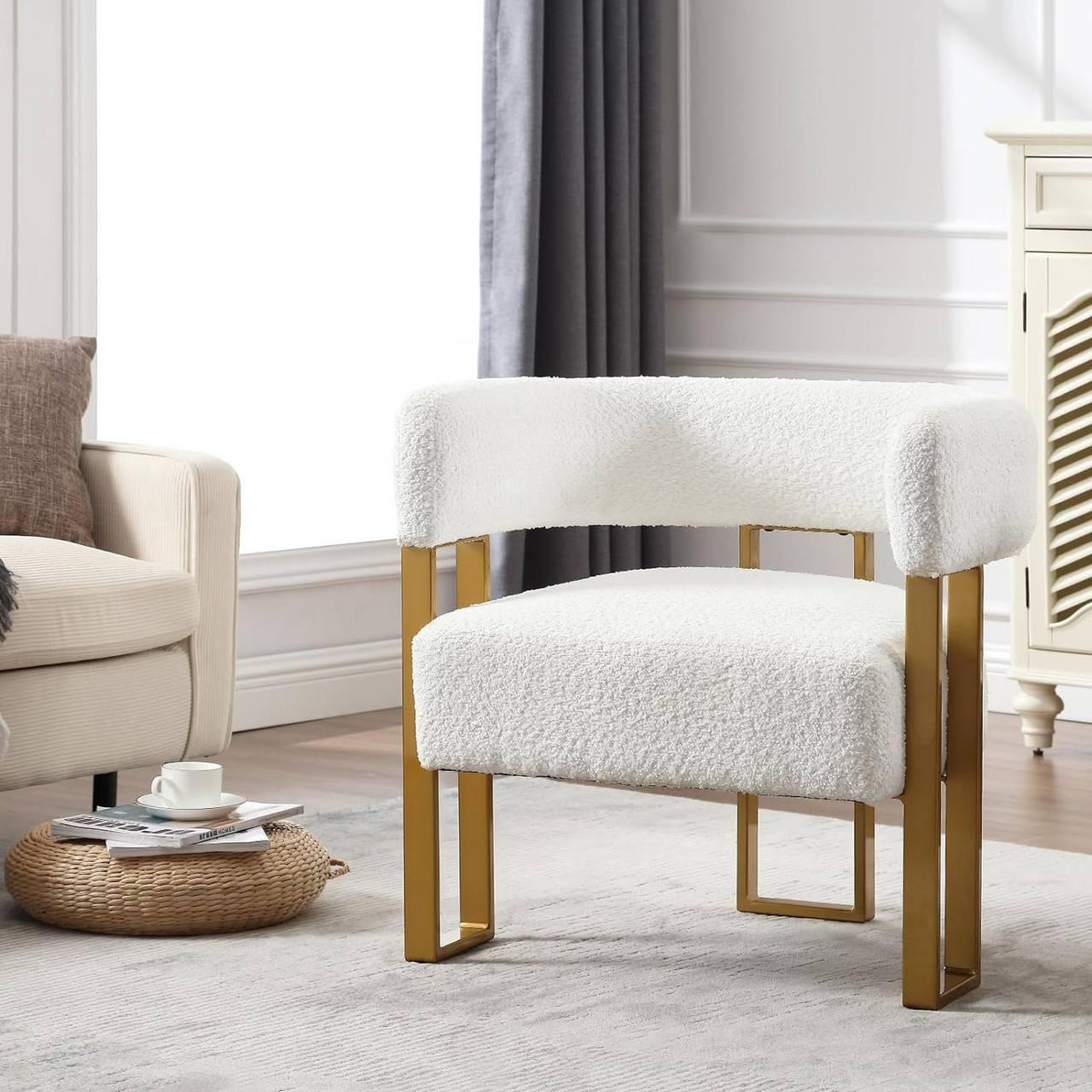 RELAXSESSEL aus Chenille, Cremeweiß - Goldfarben/Creme, Textil/Metall (65.5/70/60cm) - Woltu