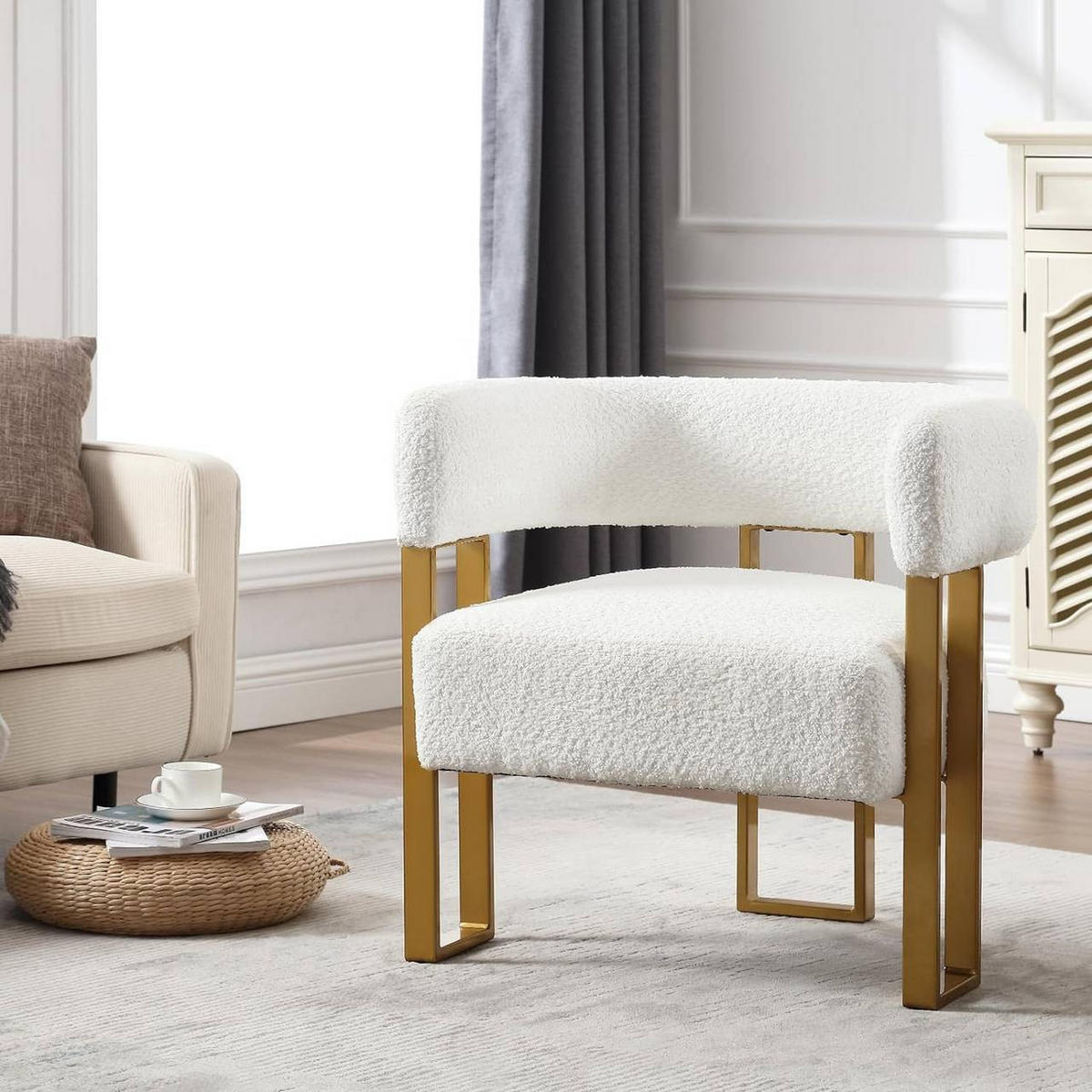RELAXSESSEL aus Chenille, Cremeweiß - Goldfarben/Creme, Textil/Metall (65.5/70/60cm) - Woltu
