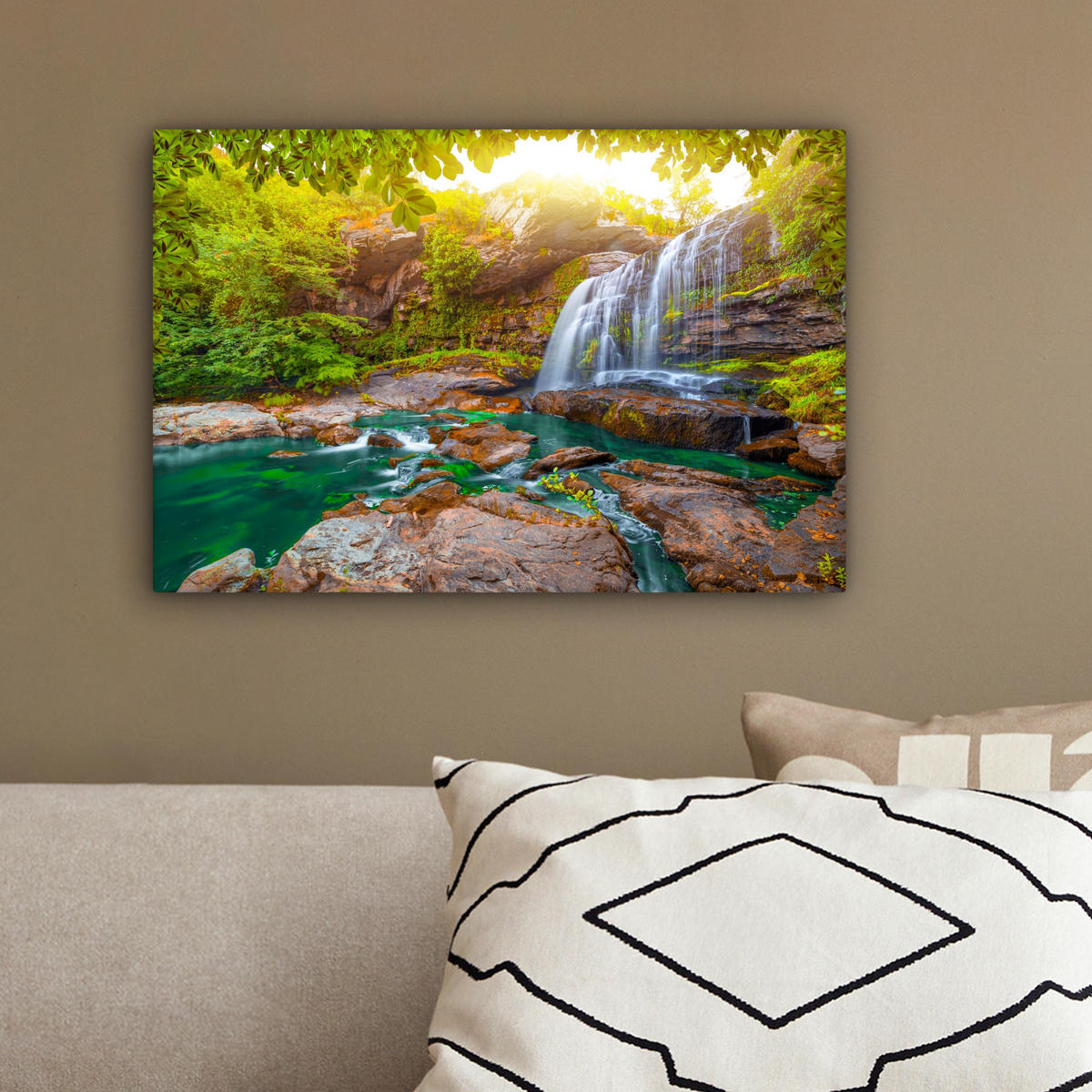 LEINWANDBILD Natur - Wasserfall - Pflanzen - Bäume - Sonne Deko Schlafzimmer 30x20 cm - Olivgrün, Textil (30/20cm) - MuchoWow