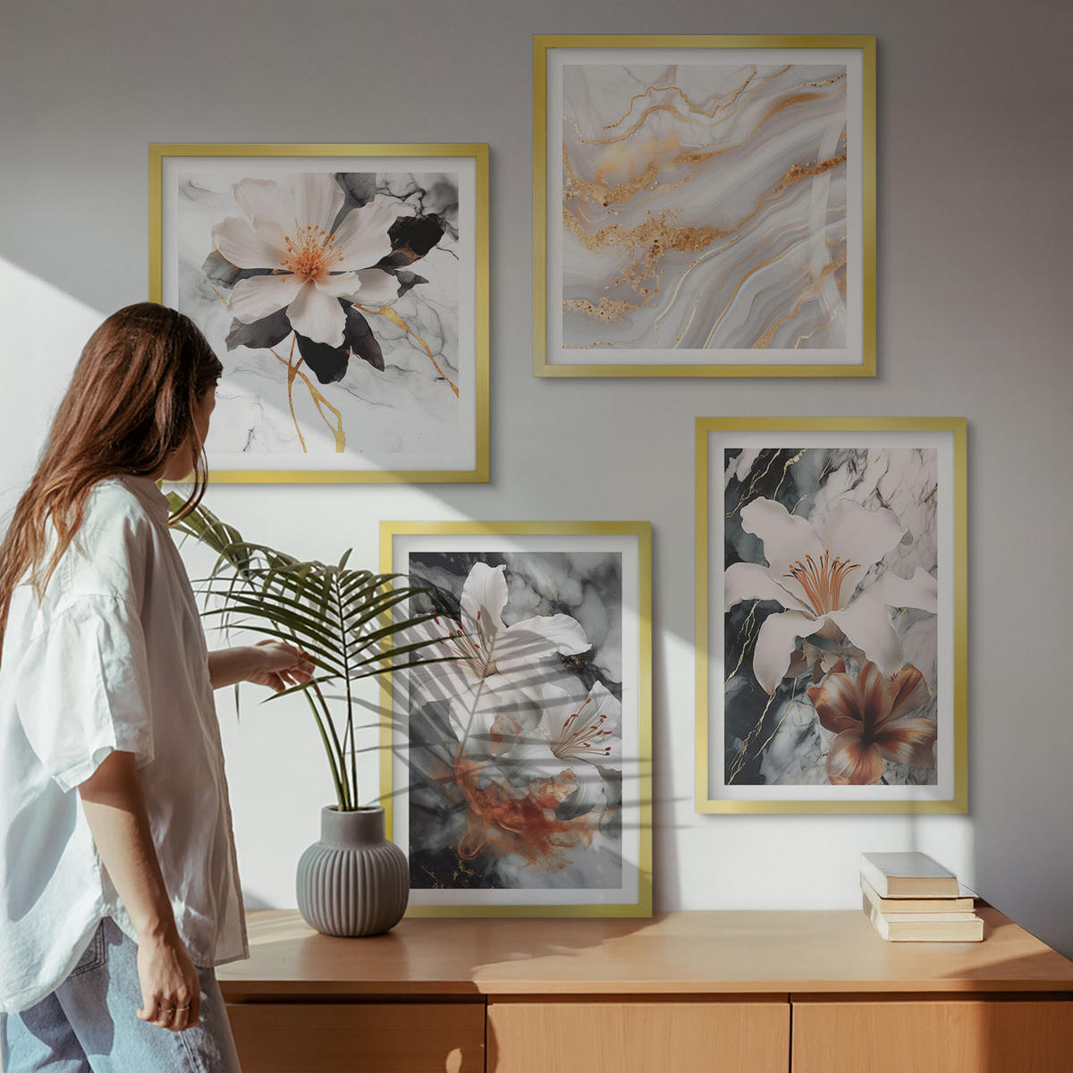 WANDBILDER 4er Set - 50x50 cm & 40x60 cm Goldrahmen - Blumen Marmor weiß schwarz - Goldfarben, Kunststoff (50/50cm) - ArtPrintCave