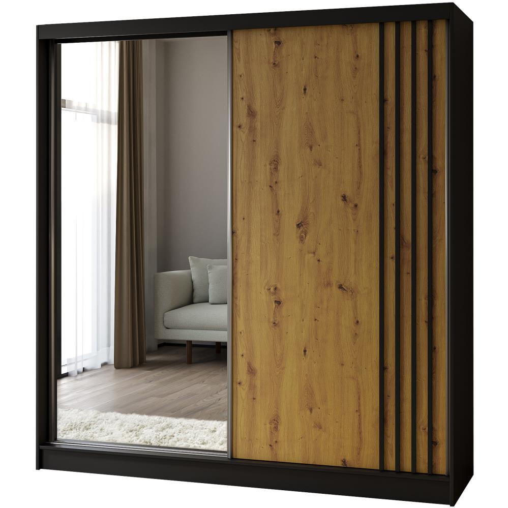 SCHWEBETÜRENSCHRANK Nela II 200/216/61 schwarz mit Schubladen - Schwarz/Weiß, Holzwerkstoff (200/216/61cm) - Beautysofa