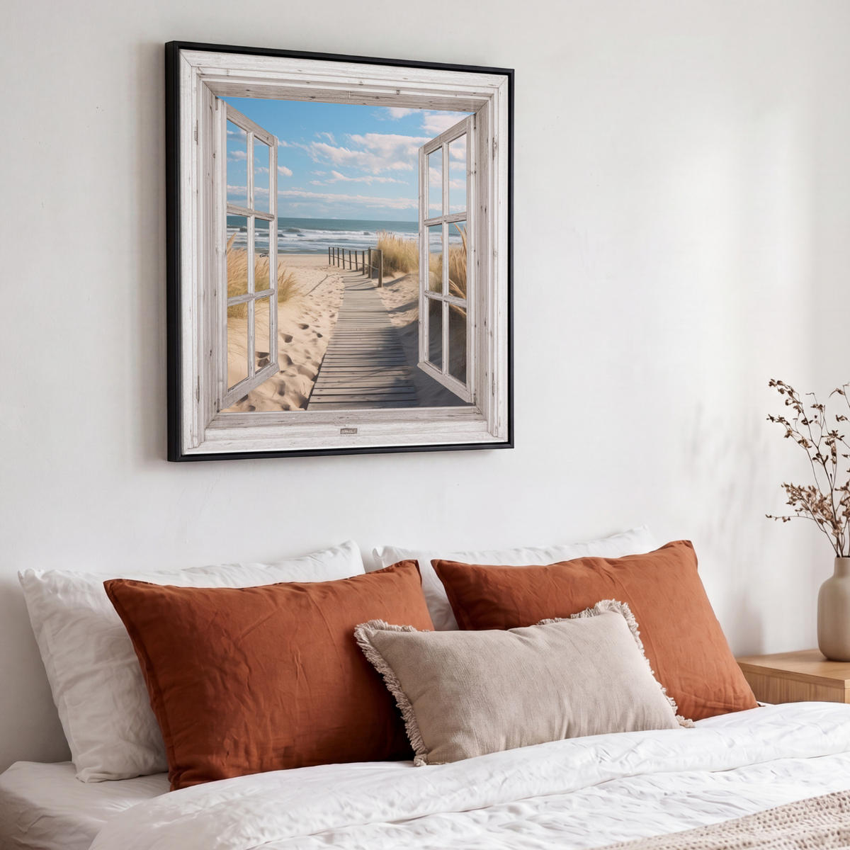 LEINWAND Bilder mit Rahmen - Fenster - Meer - Küste - Natur - Ausblick - Strand - Wattenmeer - 50x50 - Beige, Textil (50/50cm) - MuchoWow