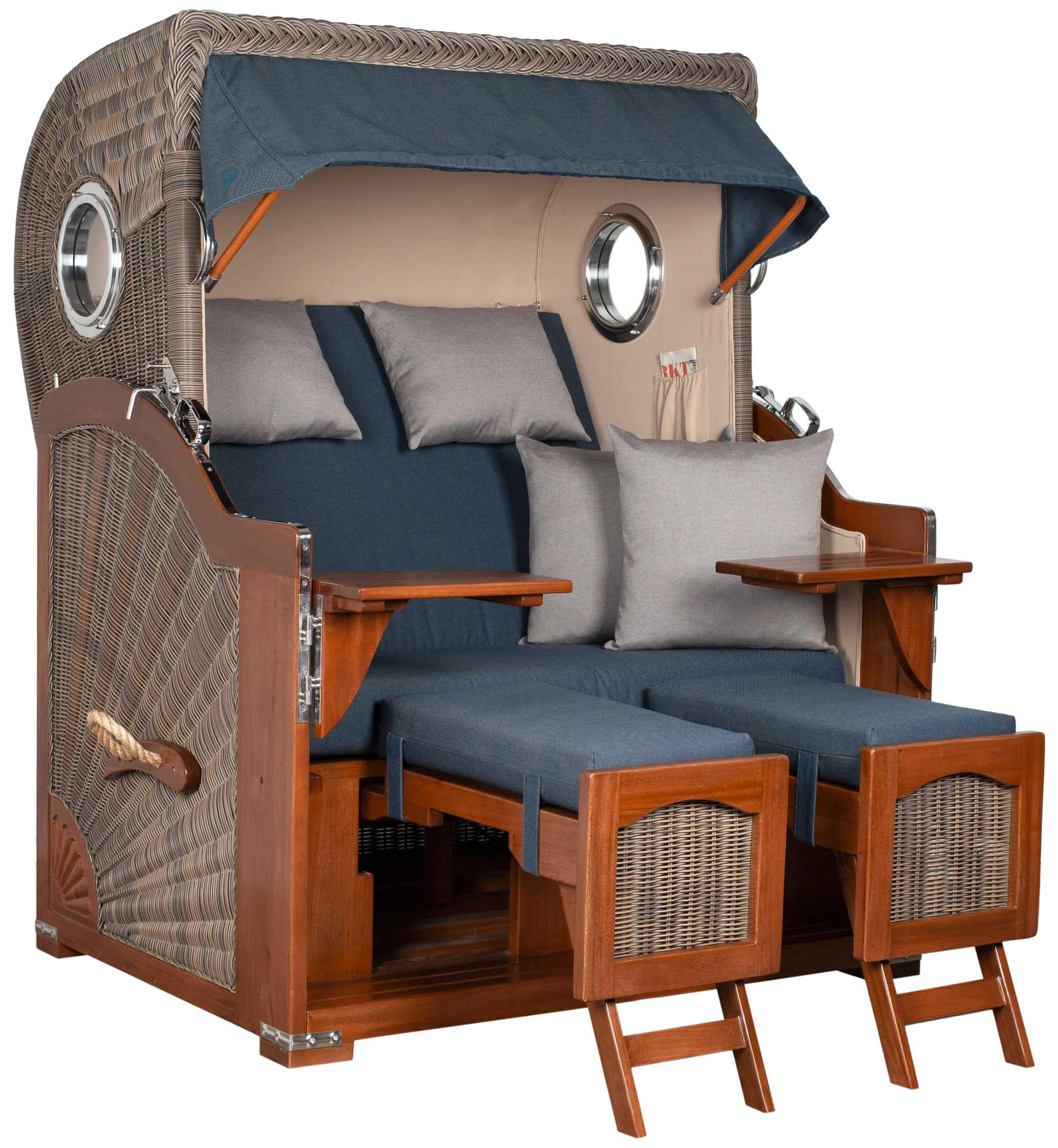 STRANDKORB 2-Sitzer Düne Mahagoni 593 - Blau/Hellgrau, Holz (125/170/80cm) - Mr. Deko