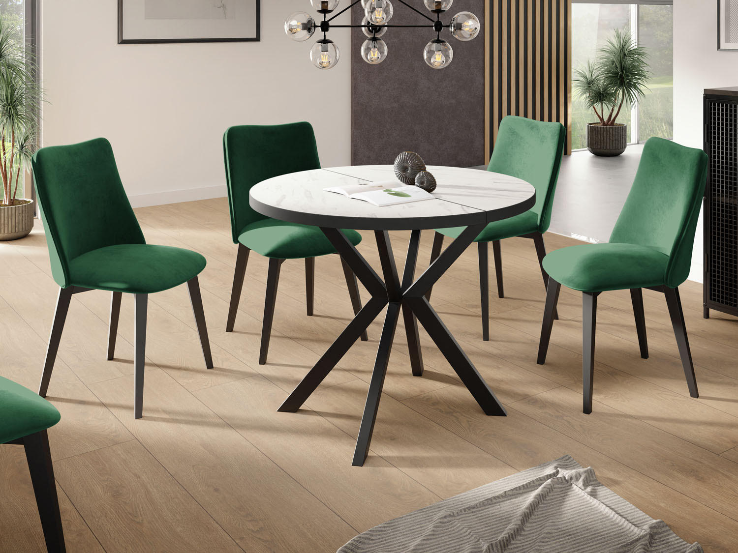 ESSTISCH Vincento runder ausziehbar, Marmor Weiß 120-200/120/76 cm - Ecru/Schwarz, Holzwerkstoff/Metall (120/120/76cm) - WFL GROUP