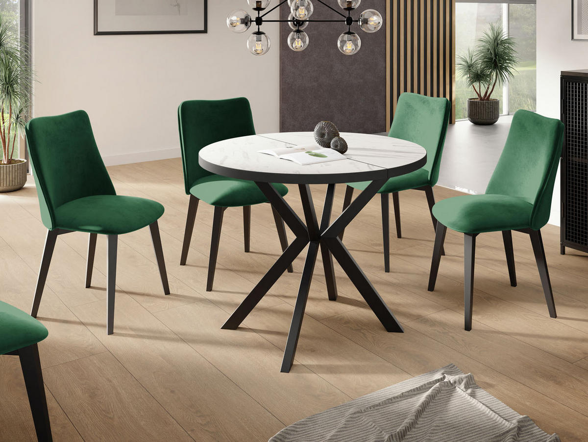 ESSTISCH Vincento runder ausziehbar, Marmor Weiß 100-180/100/76 cm - Ecru/Schwarz, Holzwerkstoff/Metall (100/100/76cm) - WFL GROUP