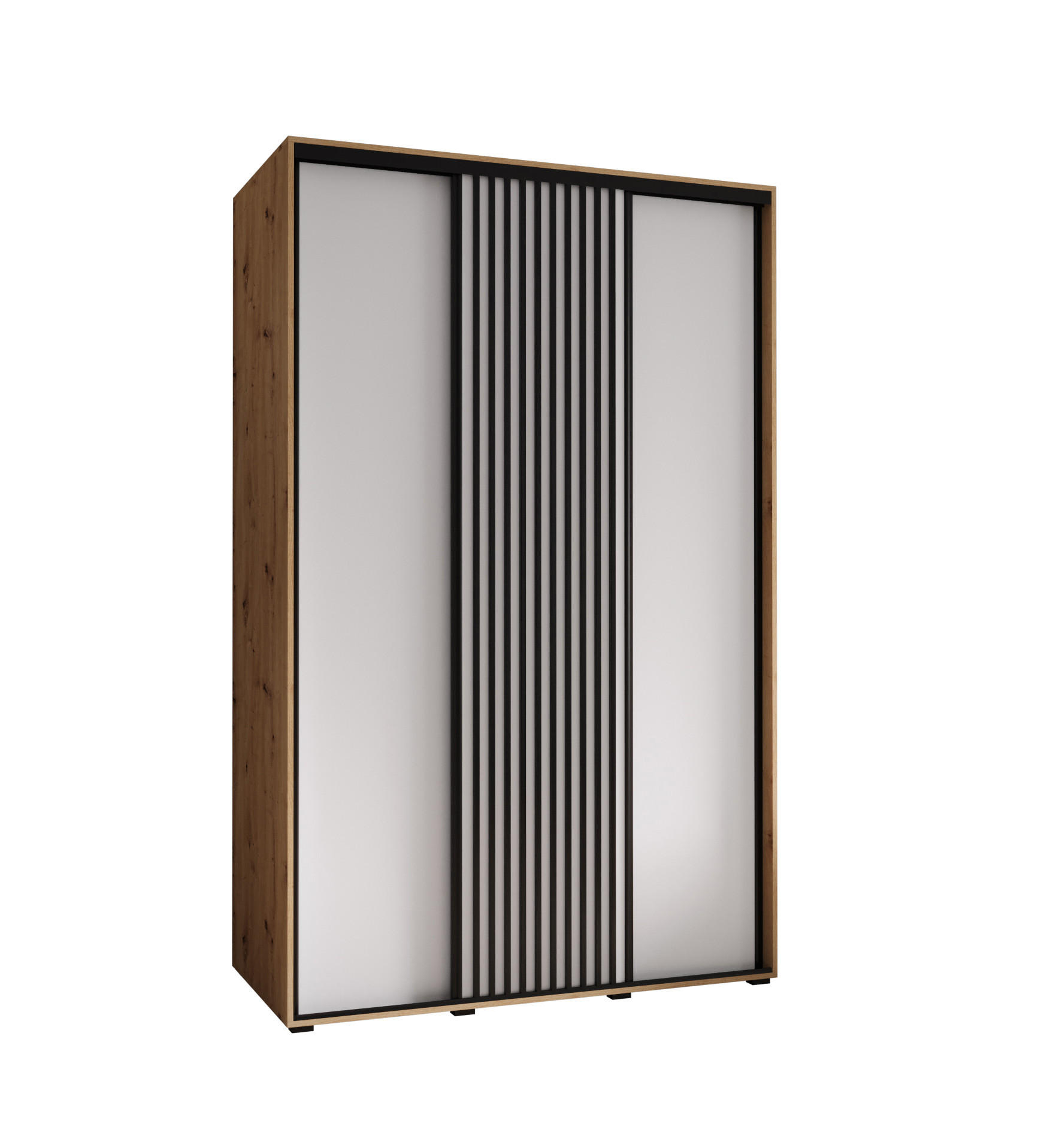 Abiks Möbel Schwebetürenschrank Eiche Artisan, Weiß, Schwarz 150x235x60 cm
