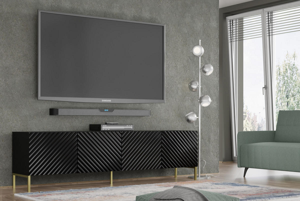 TV LOWBOARD Schwarz Hochglanz, Gold 200/56/42 - Schwarz Hochglanz, Holzwerkstoff (200/56/42cm) - RAUMHIRSCH FURNITURE