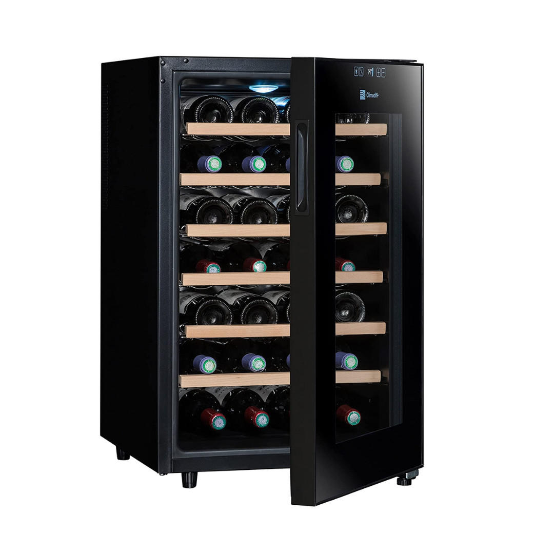 WEINKÜHLSCHRANK -Climadiff CC28, 28 Flaschen, Weinkühler mit Glastür, 30dB, Flaschenkühlschrank Wein, Weinschrank, Kühlschrank Getränkekühler - Schwarz, Glas (45/52/73cm) - JUNG