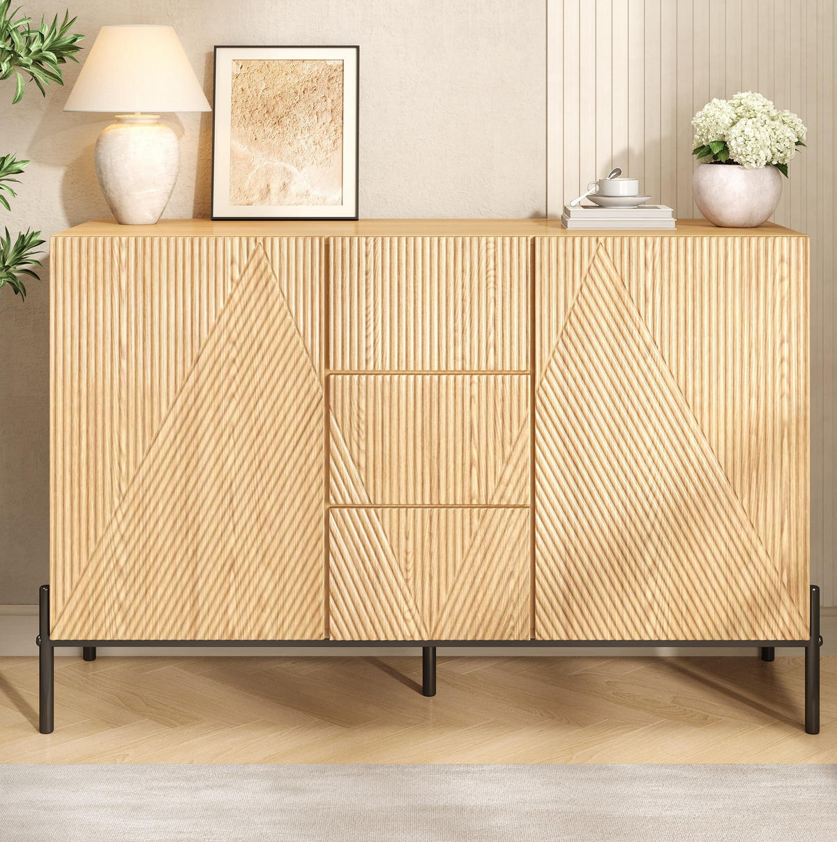 SIDEBOARD 115.5/40/76 cm Natur aus MDF mit geometrischer Struktur - Naturfarben, Holzwerkstoff (40/76/115.5cm) - OKMYHOME