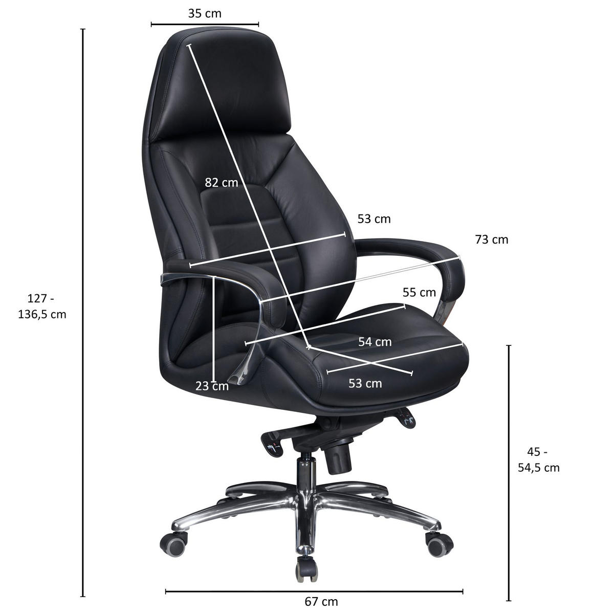 CHEFSESSEL Leder mit Multiblockwippmechanik bis 120 kg MIRON, Schwarz 67x67x137 cm - Silberfarben/Schwarz, Leder/Metall (67/137/67cm) - KADIMA DESIGN