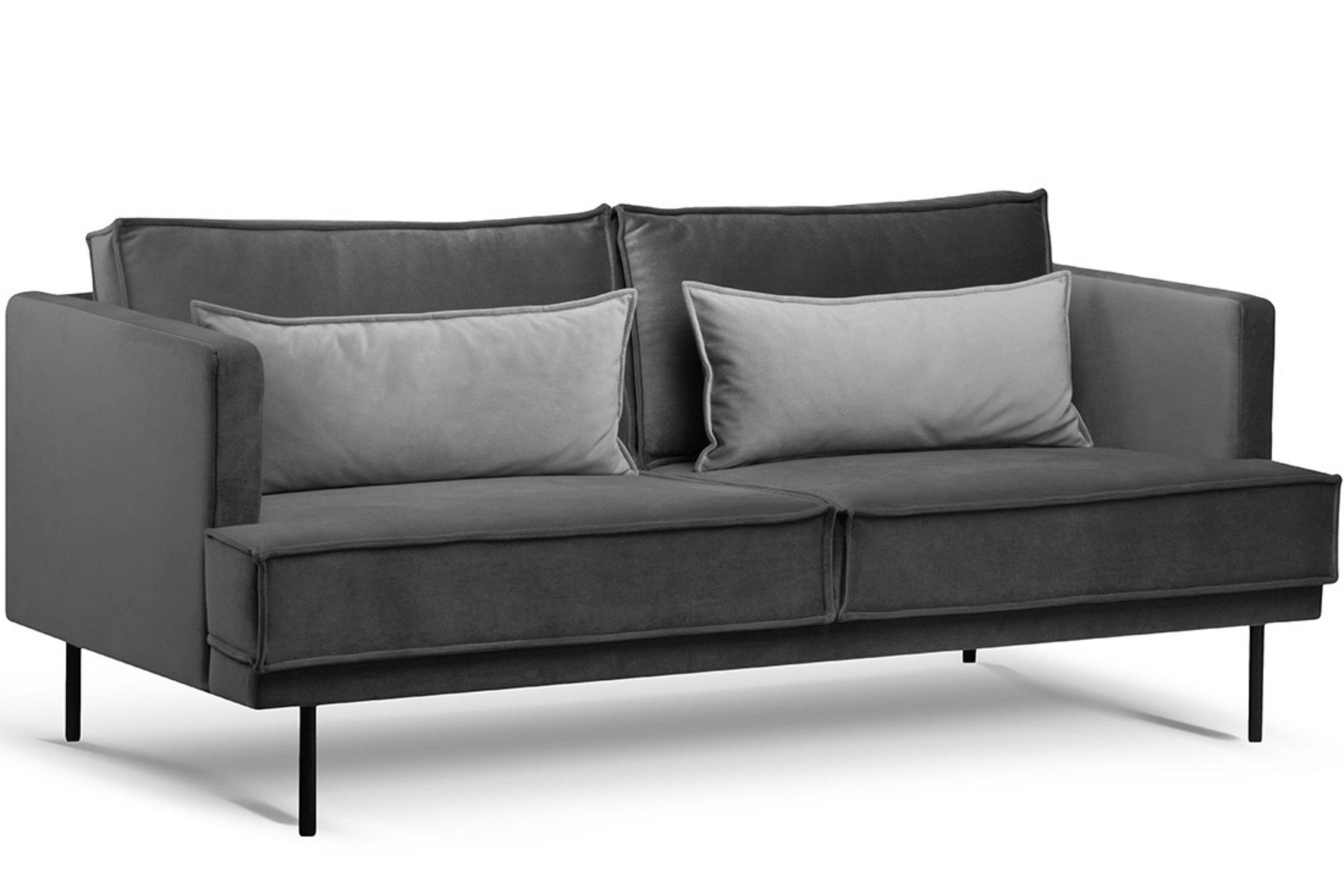 3-SITZER-SOFA GANZO 2 Kissen inklusive, Velours-Stoff, dunkelgrau - Dunkelgrau/Schwarz, Textil/Metall (193/84/92cm) - KONSIMO®