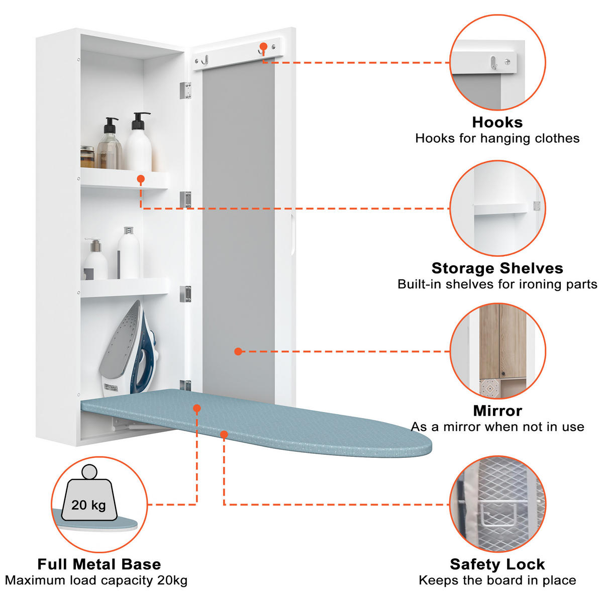 BÜGELBRETTSCHRANK DE-37974 mit Spiegel und Aufbewahrung Weiß - Weiß, Holzwerkstoff (34/95/17.5cm) - ComfortXL