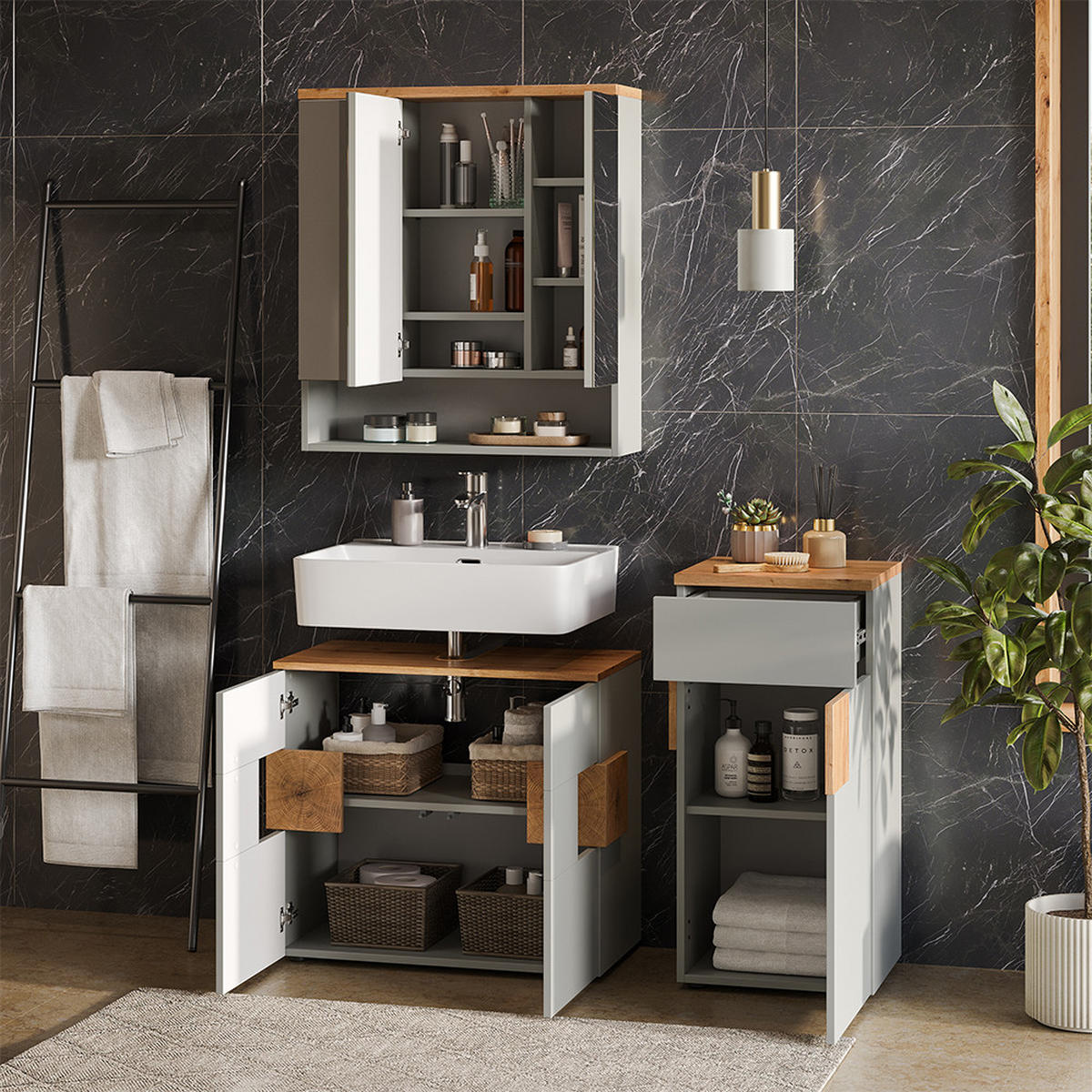 BADMÖBEL-SET Eden Grau 3 Teile - Hellgrau/Grau, Holzwerkstoff (73/64/37cm) - Vicco
