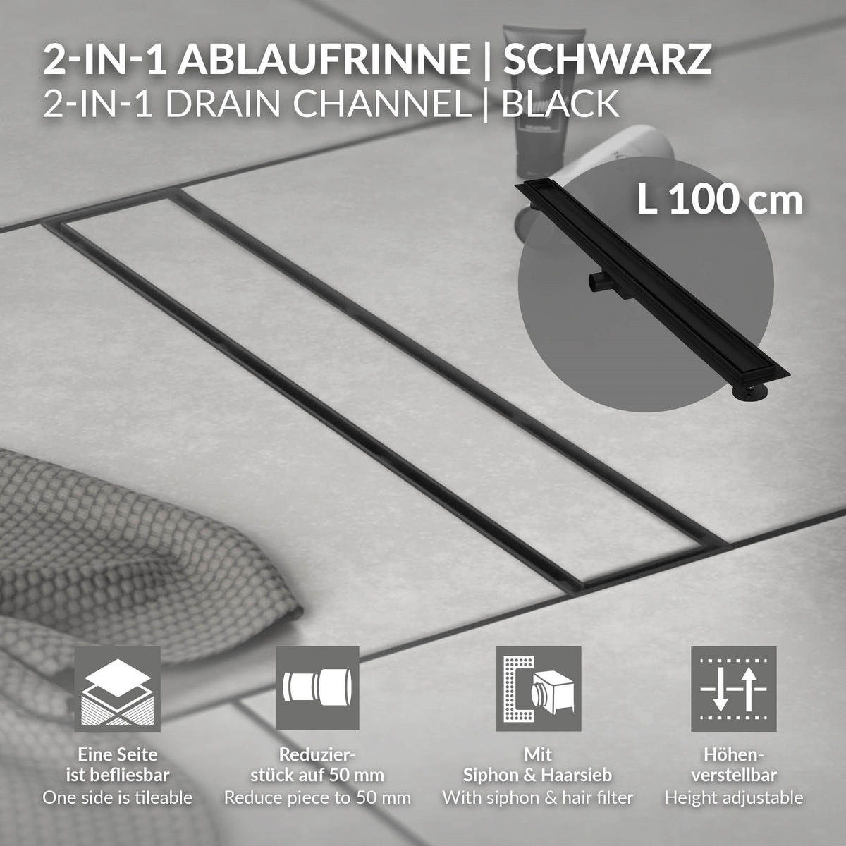 DUSCHRINNE 100cm - Schwarz, Metall (13.9/7.8/104cm) - LuxeBath