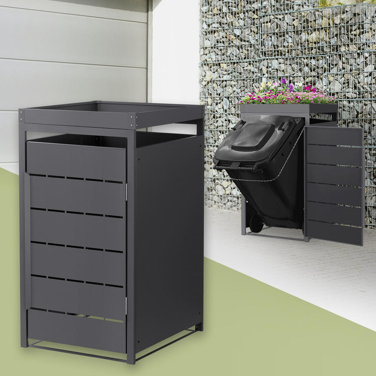 MÜLLTONNENBOX 1er mit Pflanzdach 240L 68x80x124 cm Anthrazit aus Stahl - Anthrazit, Metall (80/124/68cm) - ML-DESIGN