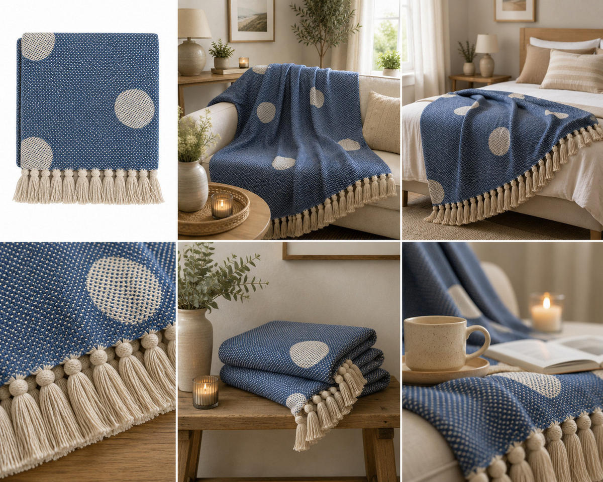 WOHNDECKE Baumwolle 130x170 cm Mit Fransen – Polka Royal/Natur - Blau, Naturmaterialien (130/170cm) - AU Maison
