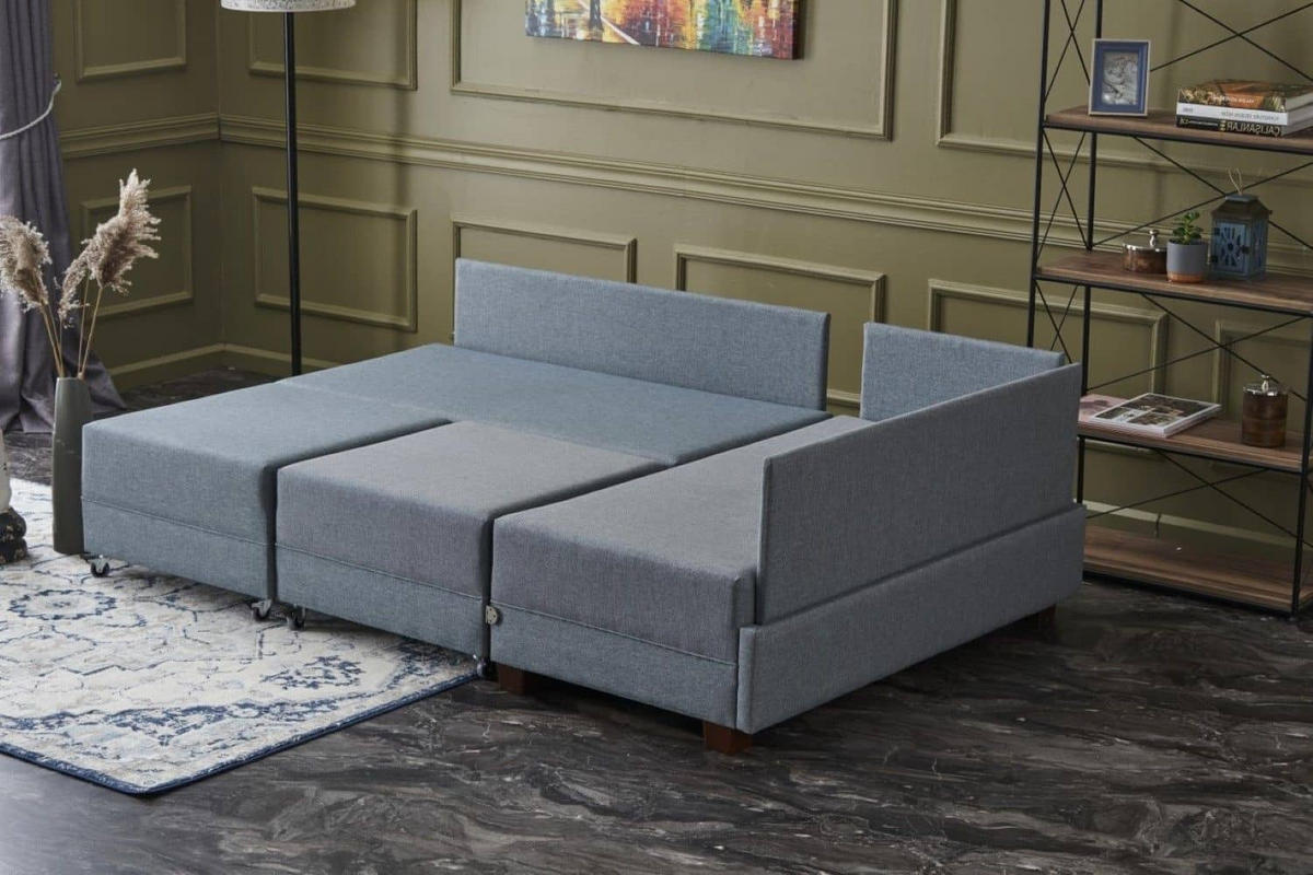 ECKSOFA mit rollbarer Schlaffunktion - Blau/Walnussfarben, Holz/Textil (210/280cm) - myHomelando