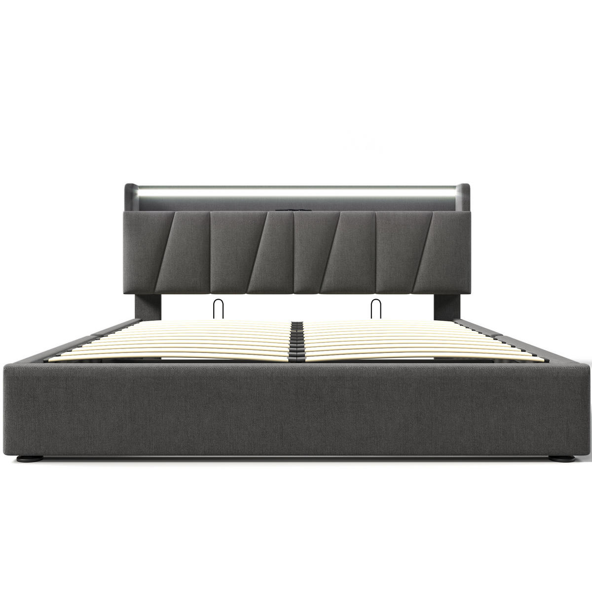 POLSTERBETT 140/190 cm grau aus Leinen mit LED und Stauraumkopfteil - Grau, Textil (140/190cm) - OKWISH