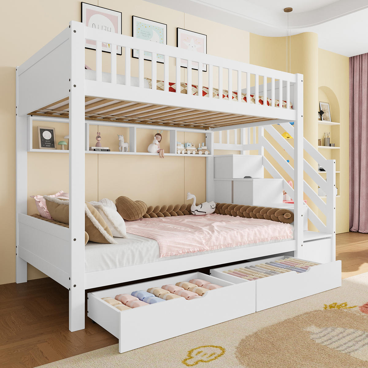 ETAGENBETT 90/200 cm Weiß mit Schublade und Kleiderschrank - Weiß, Holz (90/200cm) - OKWISH