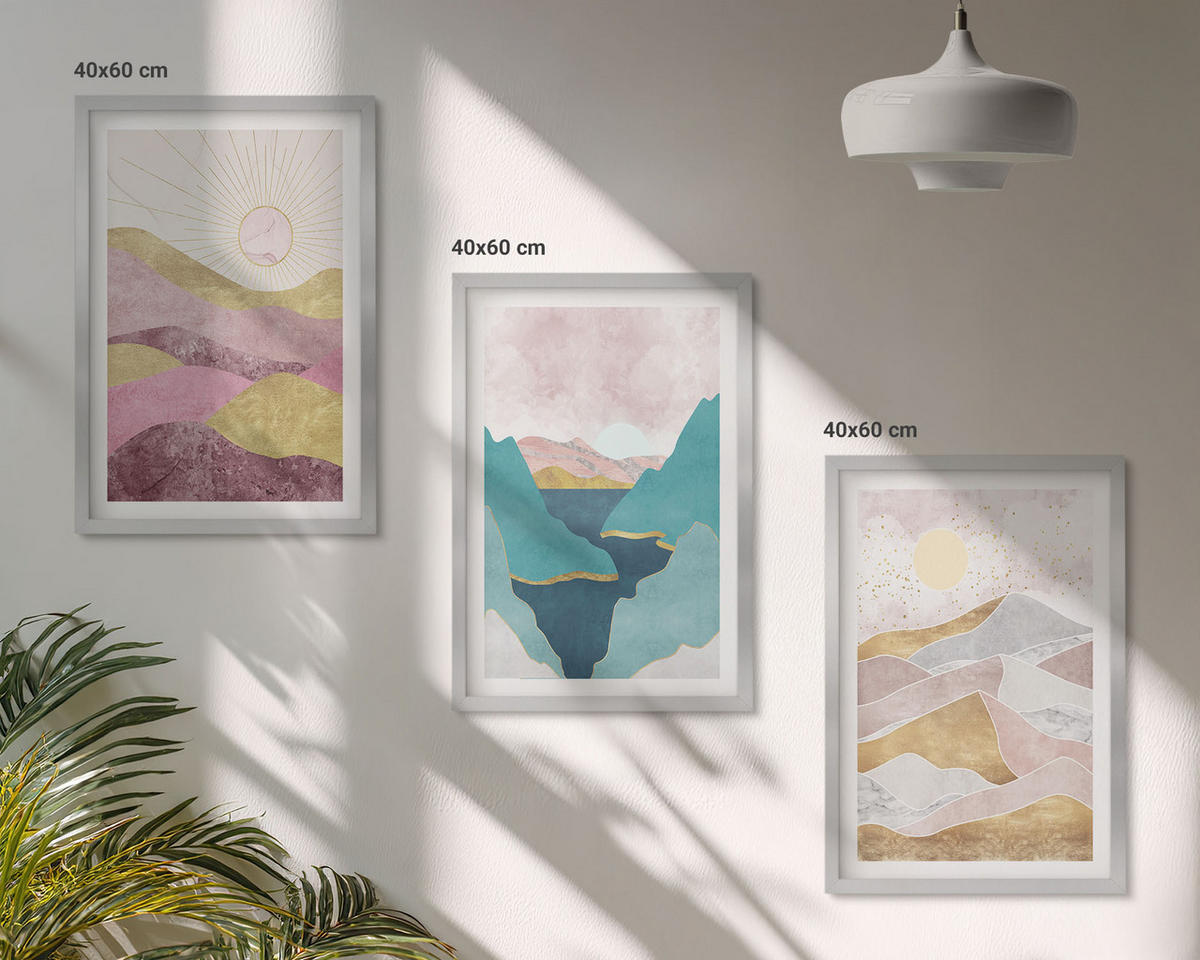 WANDBILDER 3er Set - 40x60 cm Silberner Rahmen - Abstrakte Berge Sonne - Silberfarben, Kunststoff (40/60cm) - ArtPrintCave