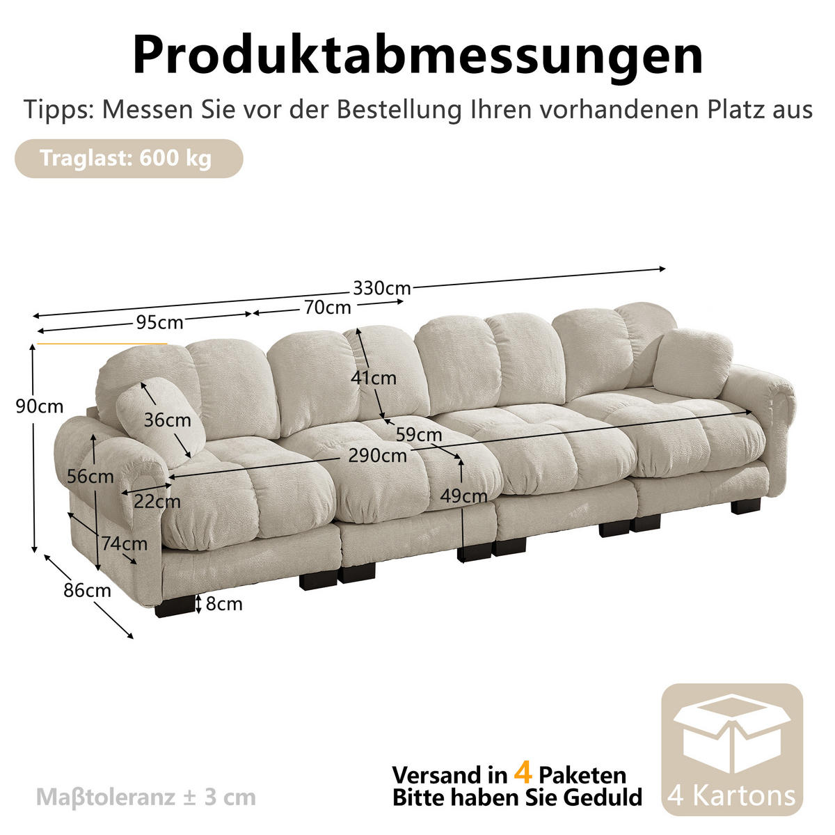 4-SITZER-SOFA DE-34384 Steppdesign Hellkhaki - Sandfarben, Textil (86/90/330cm) - ComfortXL