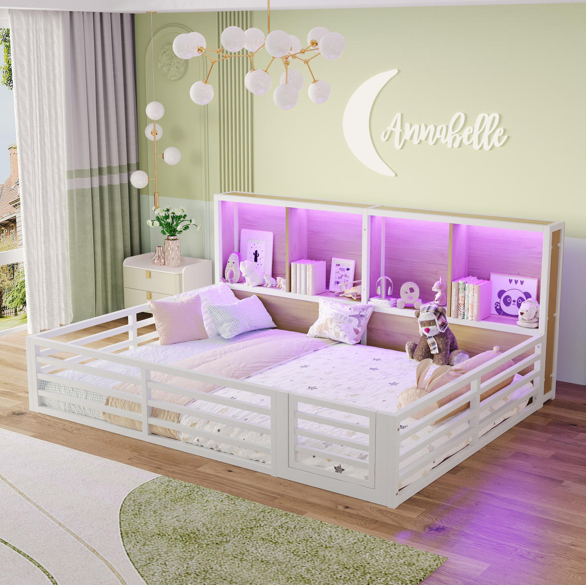KINDERBETT Tagesbett 140/200 cm aus Metall und MDF mit Stauraumfächern und LED-Beleuchtung Weiß - Weiß, Holzwerkstoff (140/200cm) - Modenvie