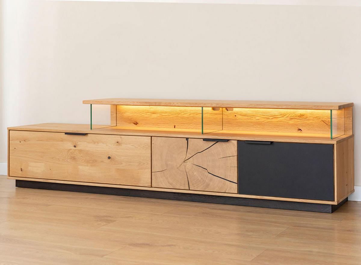 LOWBOARD Tirano Eiche Natur / Hirnholz / Schwarz 200 / 39 / 52cm - Eichefarben/Dunkelbraun, Holz (200/52/39cm) - Feldmann-Wohnen