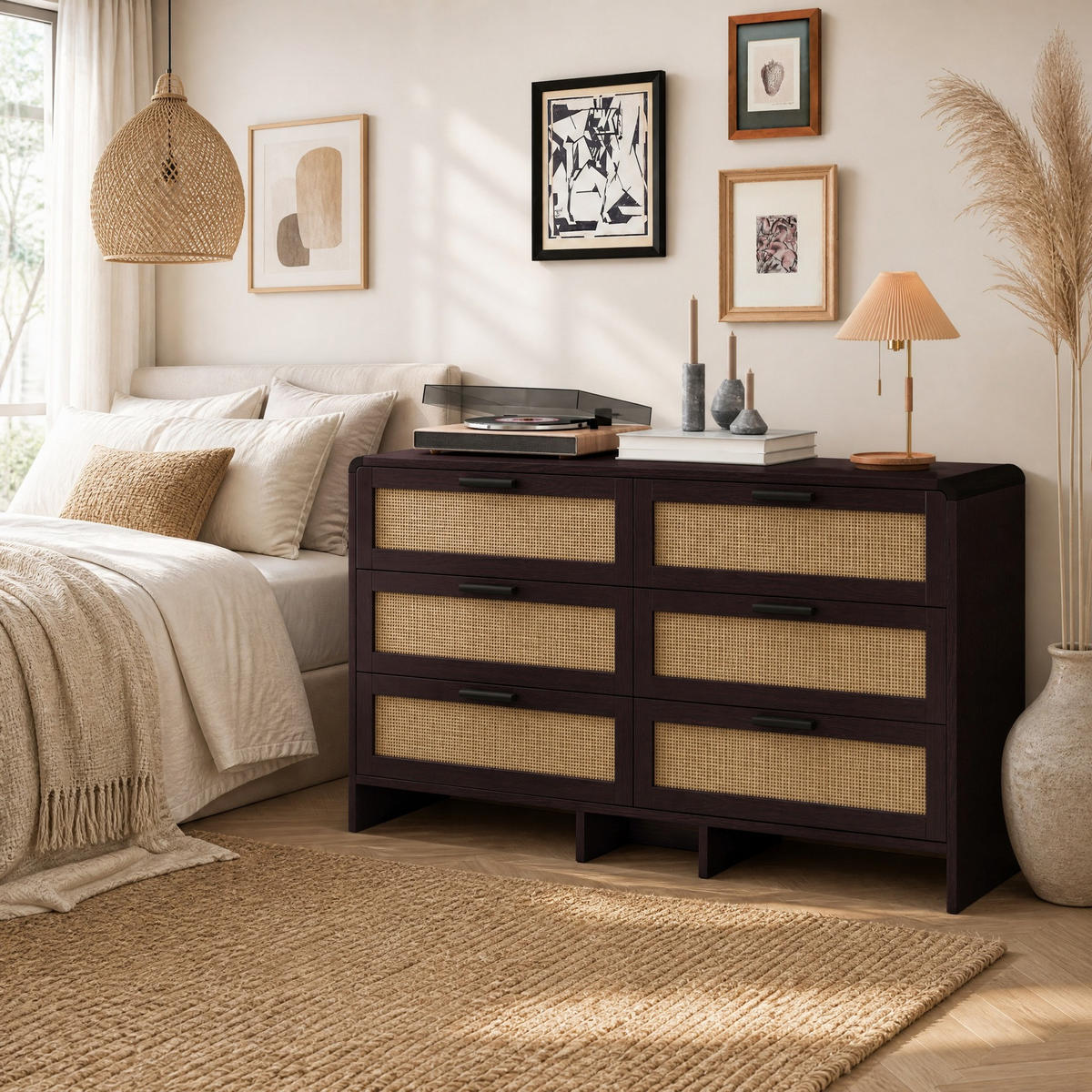 KOMMODE 130 cm in Rotbraun mit 6 Rattanschubladen und abgerundeten Ecken - Braun, Holzwerkstoff (130/74/40cm) - Flora Grace