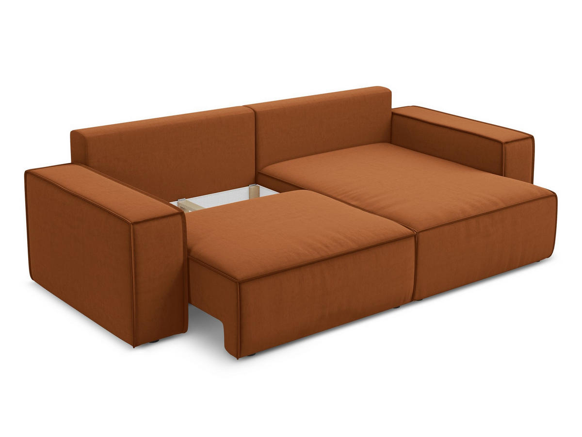 ECKSOFA mit Schlaffunktion Samt Stoff Orange - Terra cotta/Schwarz, Kunststoff/Textil (257/148cm) - Makamii