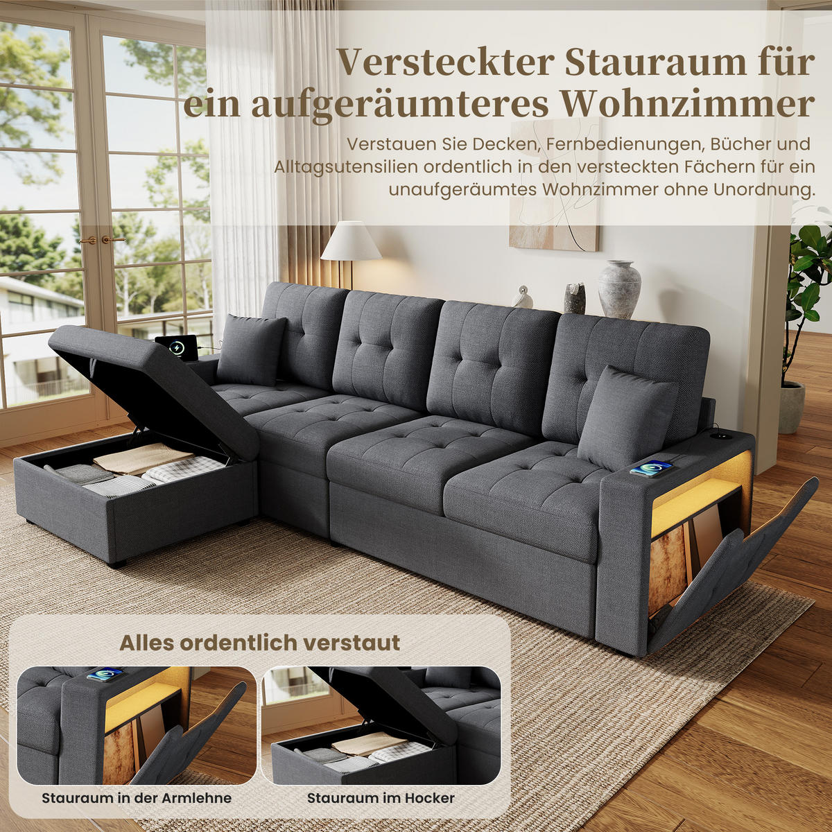 ECKSOFA 253/144.5/80.7 cm Antikgrau mit Aufbewahrungshocker, LED Stimmungslicht und Stauraum - Grau, Kunststoff/Textil (253/144.5cm) - Oxeza