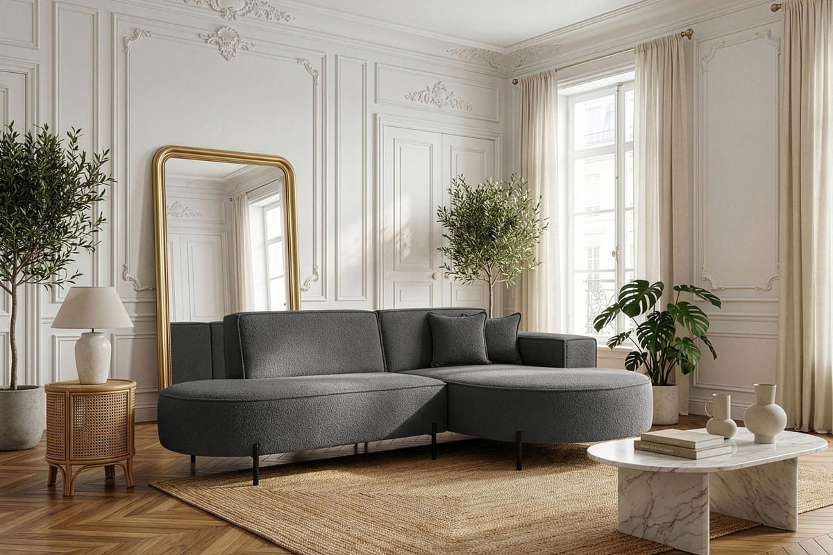 ECKSOFA Hana Loft 3-Sitzer Ecke Rechts, Boucle, Grau 241/80/168 cm - Schwarz/Grau, Textil/Metall (241/168cm) - WFL GROUP