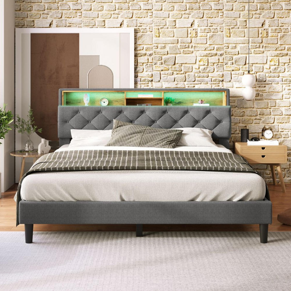 POLSTERBETT 140/200cm in Grau Leinen - Grau, Holz/Textil (140/200cm) - KOMHTOM