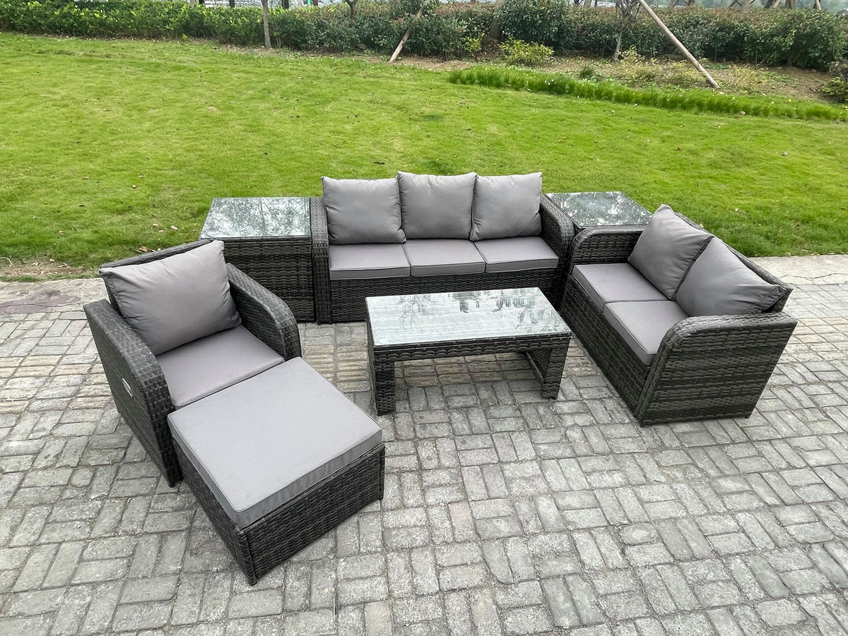 GARTENSOFA SET mit rechteckigem COUCHTISCH Polyrattan 8-Sitzer Dunkelgrau - Dunkelgrau/Grau, Glas/Kunststoff - Fimous