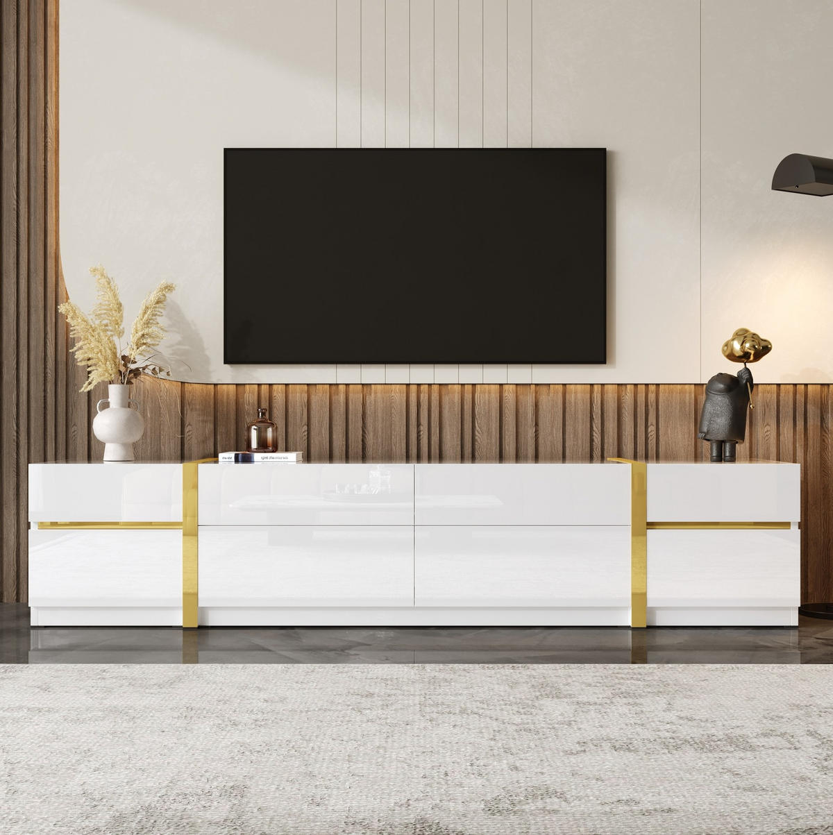 TV-SCHRANK aus MDF und Spanplatte 180x40x38 cm Weiß mit 4 Schubladen und 2 Türen, Hochglanzdesign - Weiß, Holzwerkstoff (180/38/40cm) - Modfu