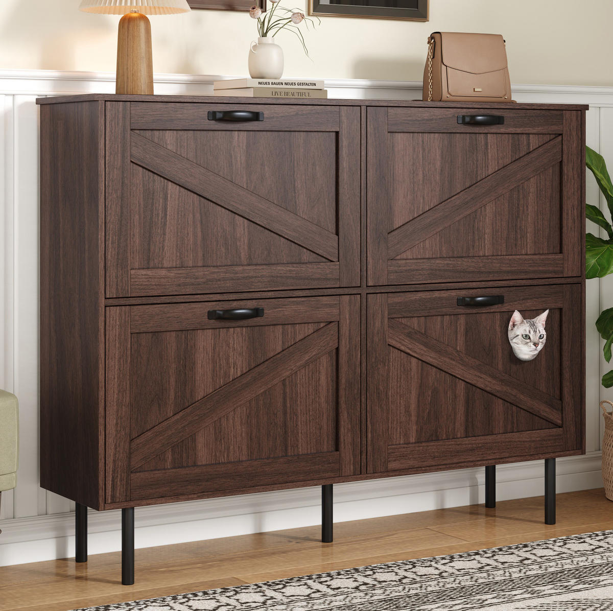 SCHUHSCHRANK 120/28/92 cm in Walnussfarben mit 4 Türen und Katzen-Spielmodul - Walnussfarben, Holzwerkstoff (120/92/28cm) - Flora Grace