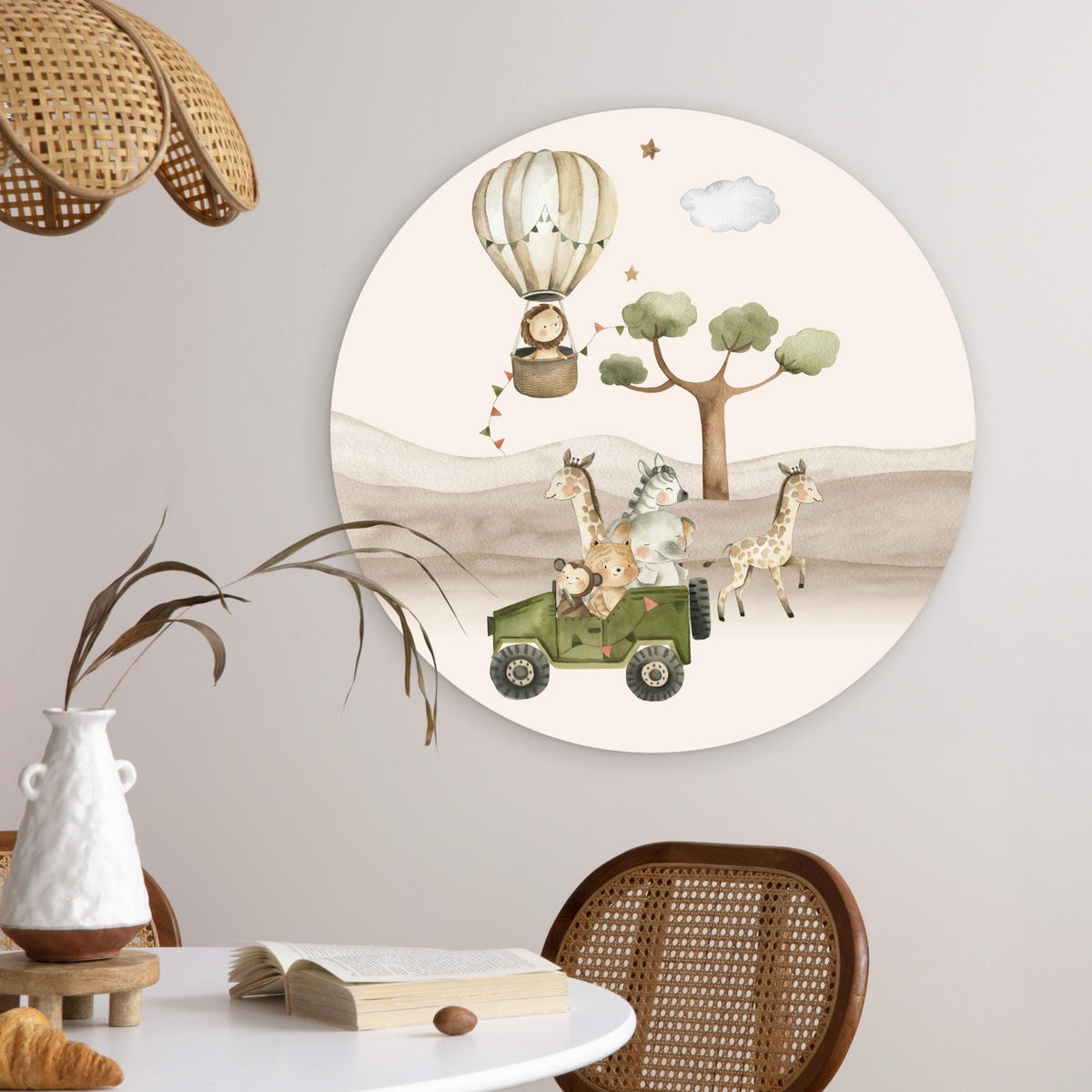 WANDBILD Wilde Tiere - Safari - Aquarell - Heißluftballon 60x60 cm - Beige, Kunststoff (60/60cm) - MuchoWow