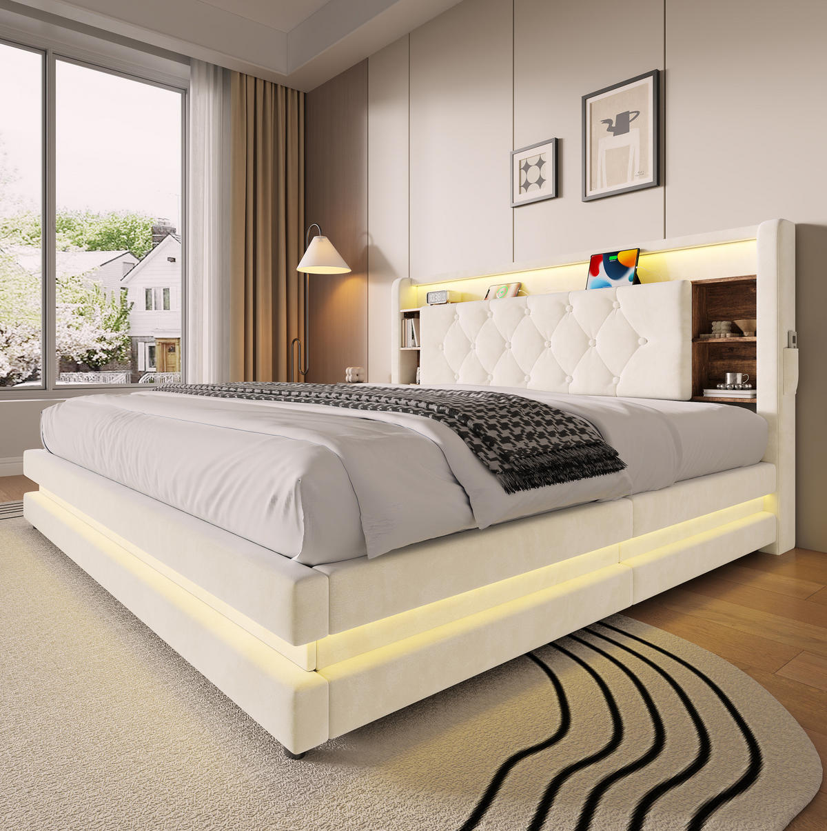 POLSTERBETT aus Samt 160x200 cm Beige mit Bettkasten, LED-Beleuchtung, USB- und Type-C-Anschlüssen - Beige, Textil (160/200cm) - Modfu