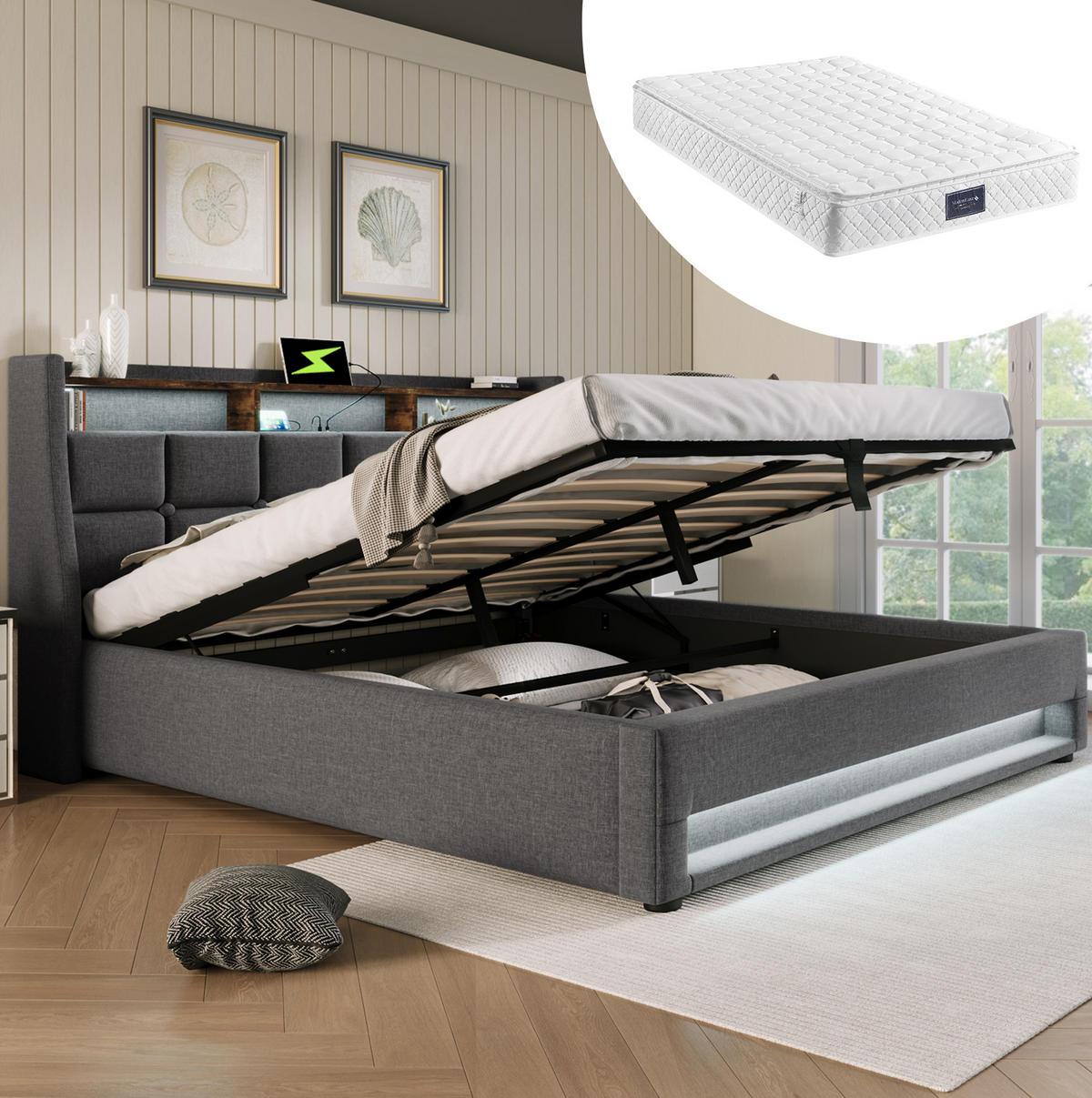 POLSTERBETT 140/200 cm Grau aus Leinen mit LED, USB und Bettkasten - Grau, Textil (140/200cm) - OKMYHOME
