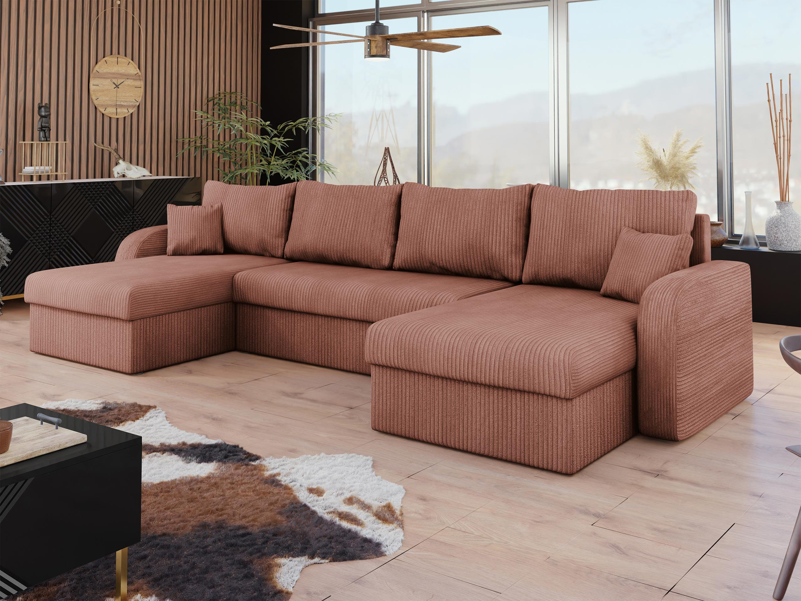 ECKSOFA Kris U Cord - Schwarz/Rosa, Holz/Kunststoff (304/80/140cm) - MIRJAN24