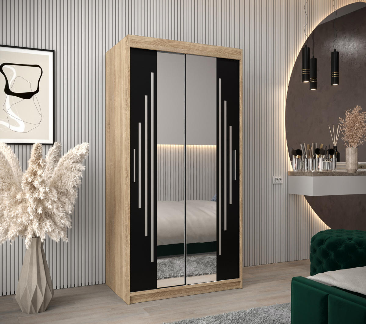 SCHWEBETÜRENSCHRANK 200/100/62 2-türig - Silberfarben/Schwarz, Holz/Kunststoff (100/200/62cm) - Abiks Möbel