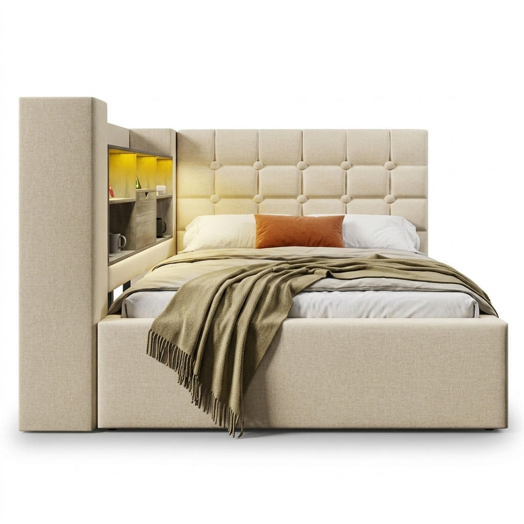 POLSTERBETT 90/200 cm in Beige mit Stauraum, LED und USB Leinen Design - Beige, Holzwerkstoff/Textil (90/200cm) - STILVORA