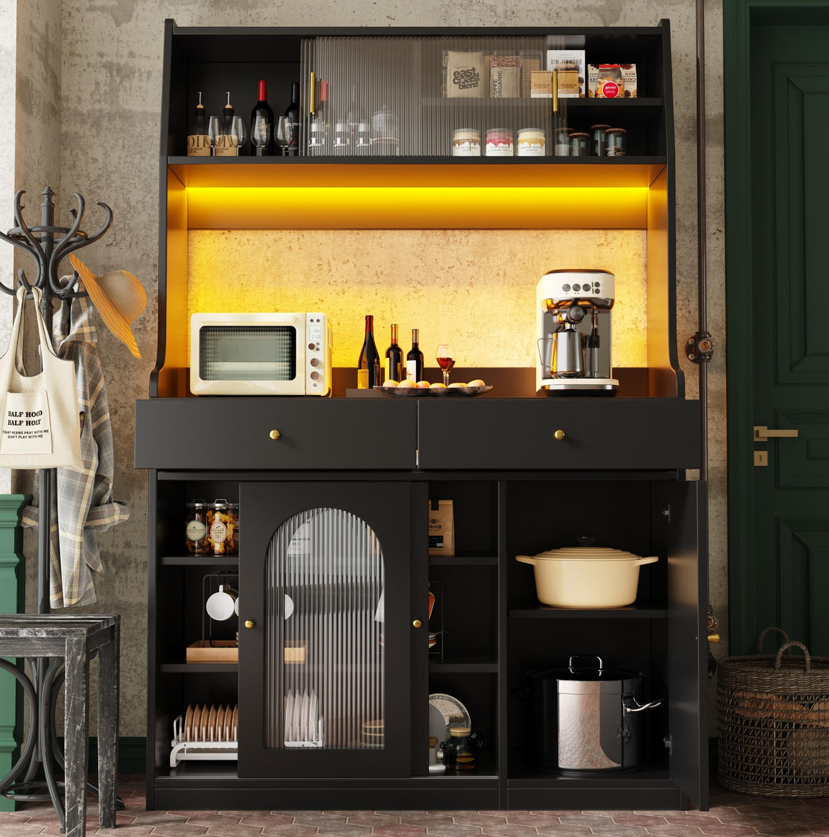 ANRICHTE Hochschrank 120/40/180 cm aus MDF und Holzwerkstoff mit LED-Beleuchtung Schwarz - Schwarz, Holzwerkstoff (120/180/40cm) - Modenvie