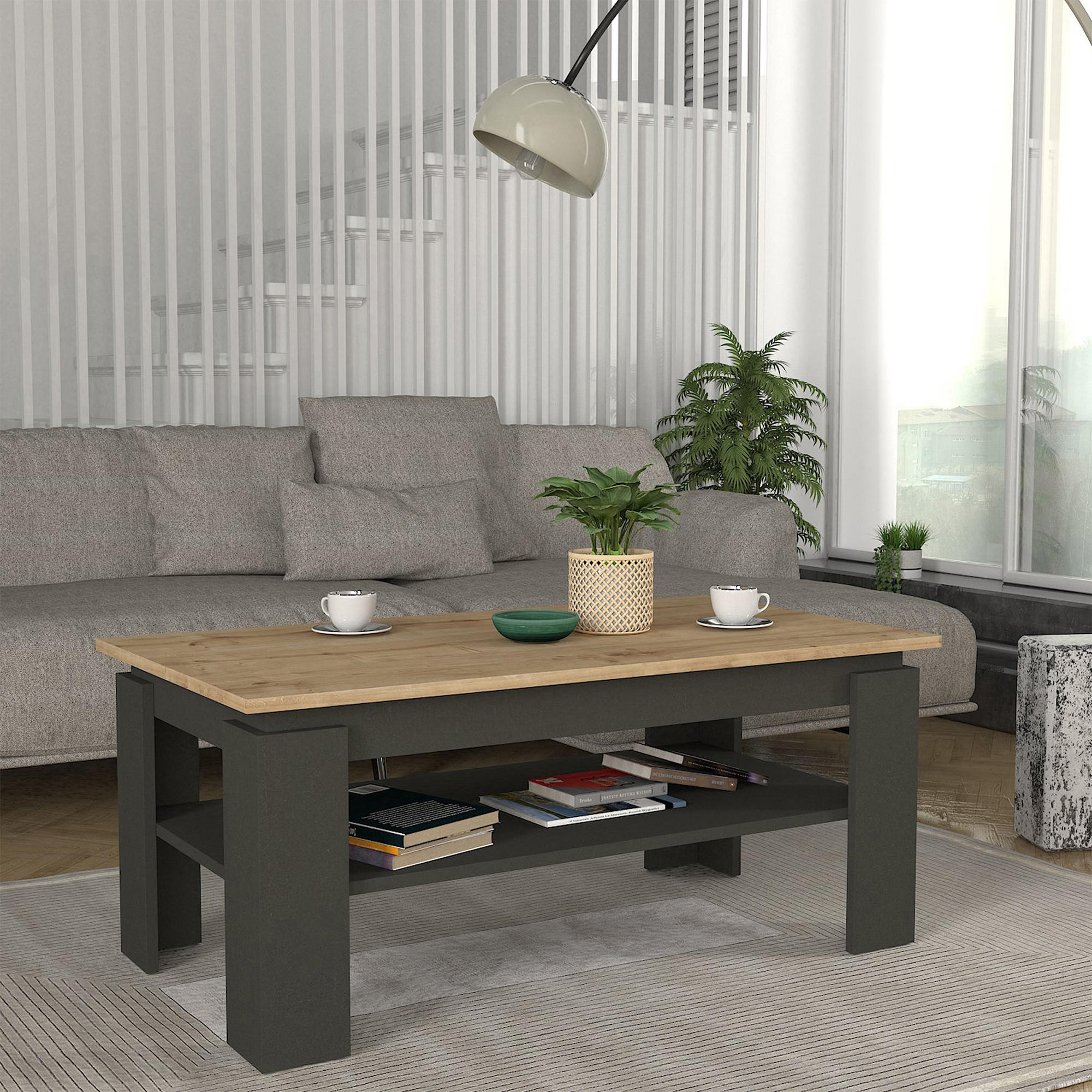 [en.casa] Couchtisch Anthrazit, Eiche 110x47x60 cm
