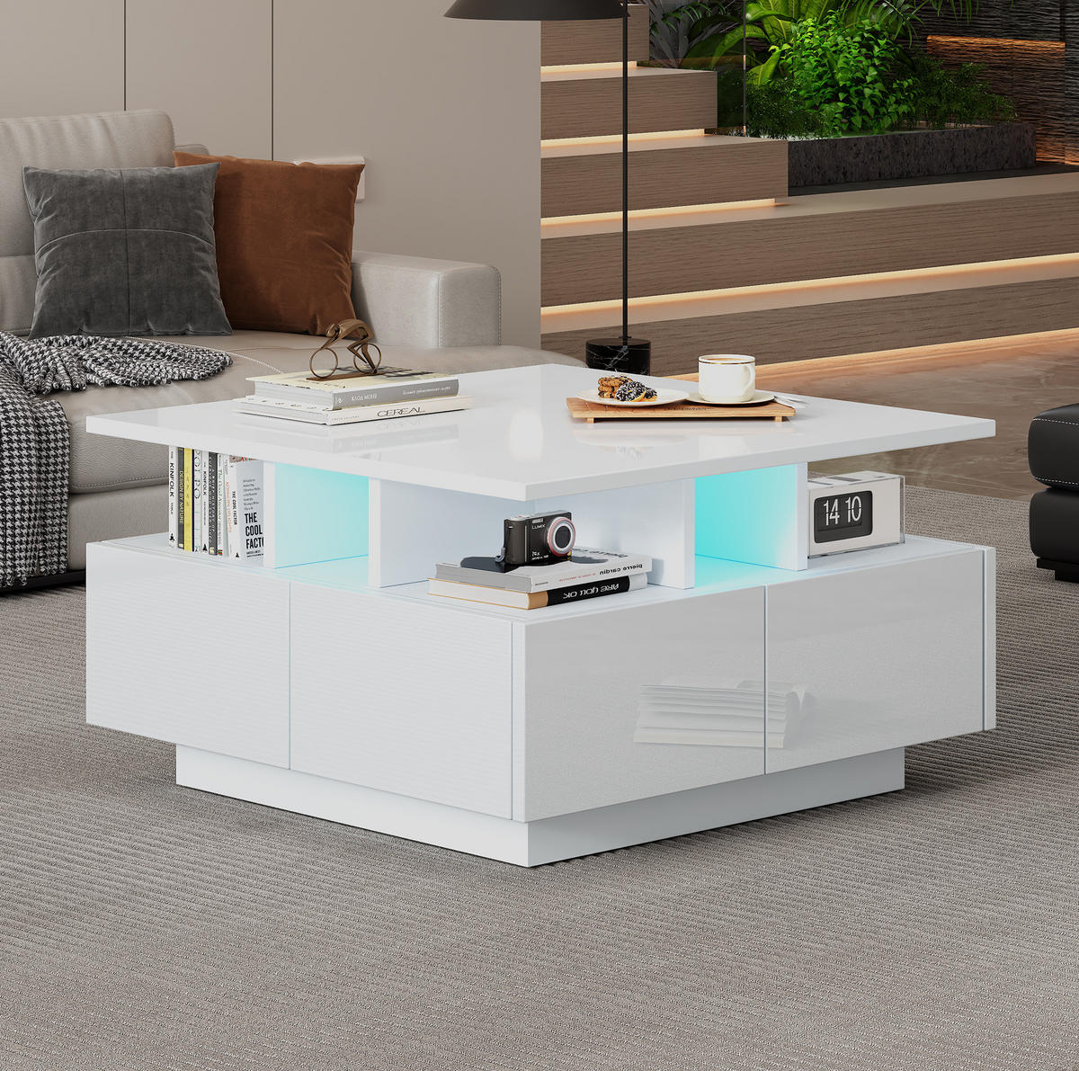 COUCHTISCH mit 4 Schubladen 70 x 70 cm Hochglanz Weiß mit LED - Weiß, Holzwerkstoff (70/70/40cm) - Meubliv